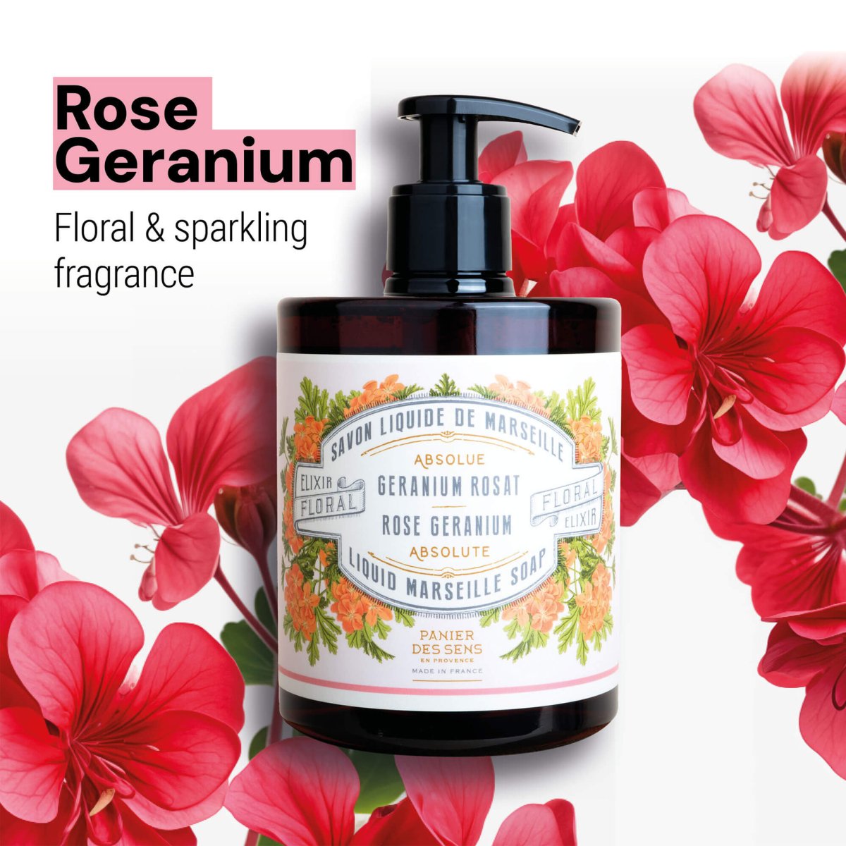 Liquid Marseille Soap - Rose Geranium savon liquide de Marseille - Liquid Marseille Soap - Panier des Sens USA