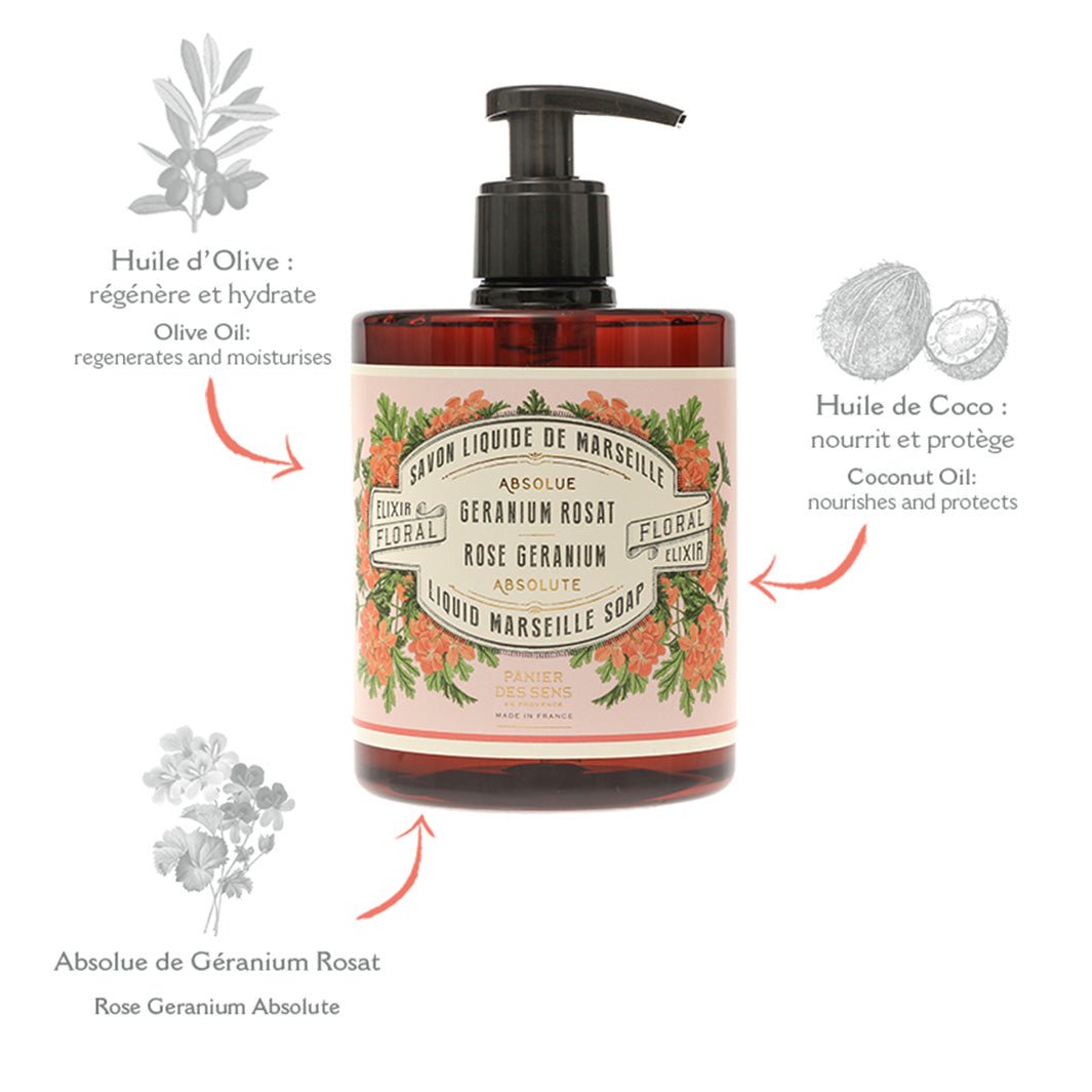 Liquid Marseille Soap - Rose Geranium savon liquide de Marseille - Liquid Marseille Soap - Panier des Sens USA