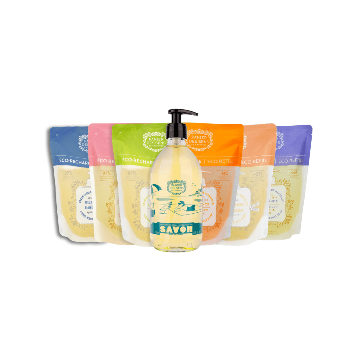 Pack of Marseille Olive Liquid Soap Limited Edition 25 Years + 6 refills - Eco-refills - Panier des Sens USA